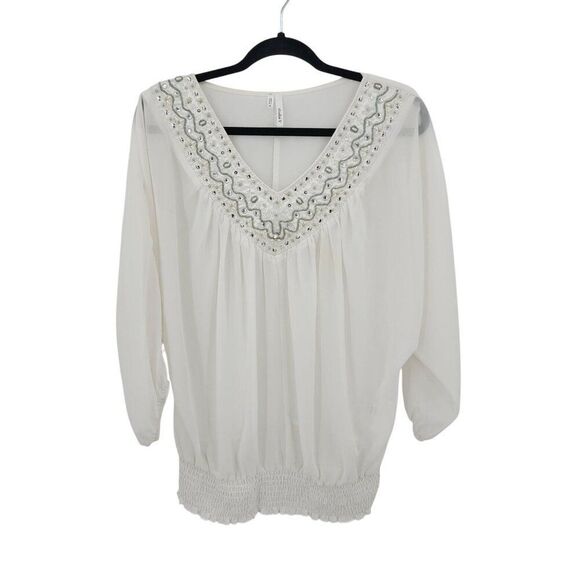 Retro White Blouse Sz M Silver Beaded Sheer Batwing Peasant Glam Pullover - Picture 1 of 9